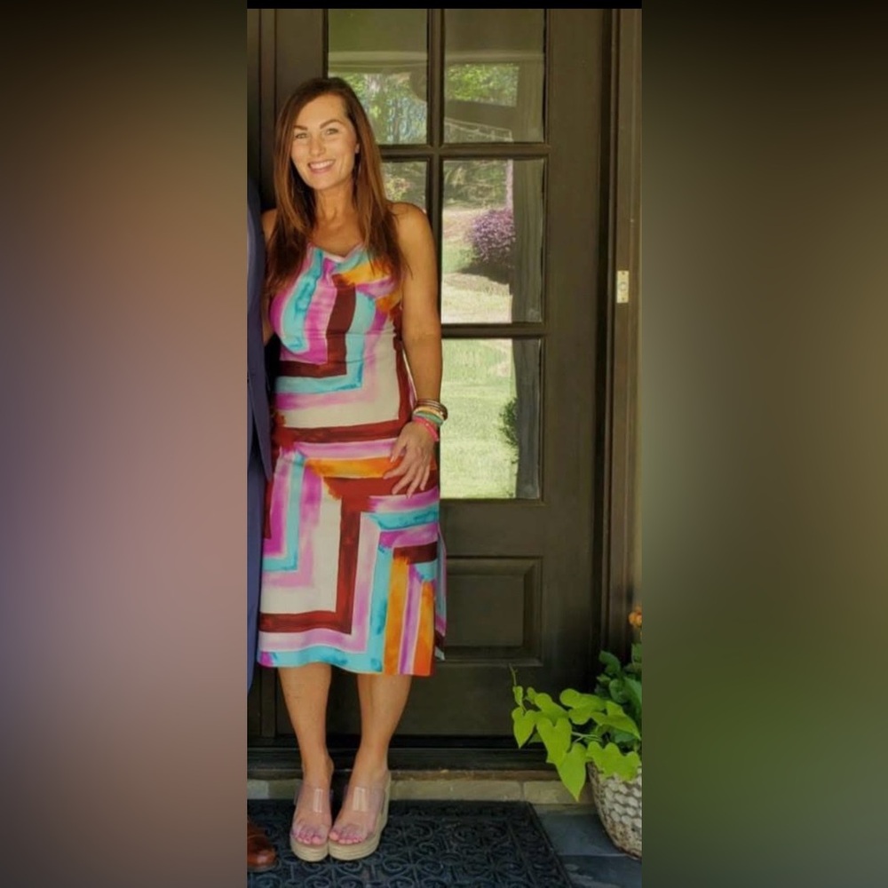 Veronica M Watercolor Colorblock Geometric Midi Dress in Pink, Turquoise & Brown